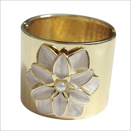 Floral Wide Hinged Bangle - Metal Enamel, 60-70 mm Diameter, Gold | Elegant Design, Wide, Floral Motif, Smooth Finish, Glossy Shine