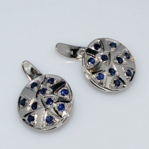 Round Natural Sapphire Gemstone Charm Sterling Silver Mens Cufflinks