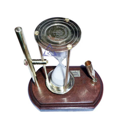 Silver Brass Sand Timer With Pen Holder (Wooden Base)