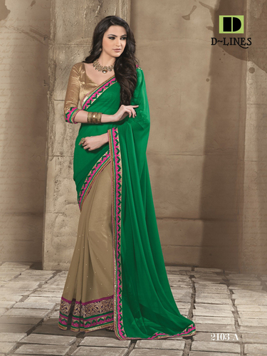 Green & Gold Half & Half Borderd Saree