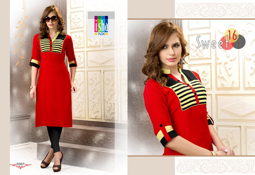 Rainbow - Cotton Knee-Length Red Kurti, Embroidered Pattern, Soft Fabric, Comfortable Fit