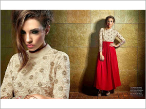 Georgette Embroidery Kurtis - Georgette, S-XL, Beige | Soft Fabric, Floral Embroidery, High Neck, Shrink Resistant, Lustrous Shine