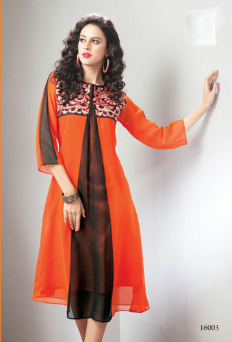 Kurtis - Georgette, Size XL 40, Color Orange and Black | Fancy Design for Girls, Washable and Dry Cleanable, Ideal for All Seasons