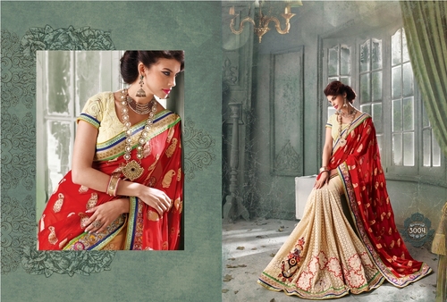 Manchali - Silk Blend, 5.5 Meters, Red | Gold Thread Embroidery, Bright Colors, Elegant Style