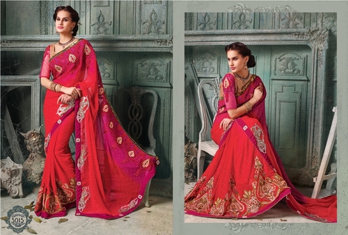 Manchali - Silk 5.5 Meters, Red | Embroidered, Vibrant Colors, Soft Fabric, Comfortable Fit