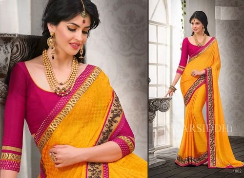 Indian Latest Partywear Yellow Saree