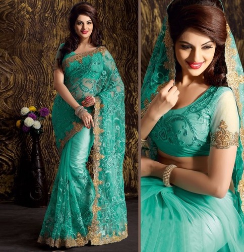 Heavy Designer Saree With Stone Work - Net Fabric, 5.5 Meters, Teal | Elegant Design, Intricate Stonework, Luxury Feel, Perfect Fit