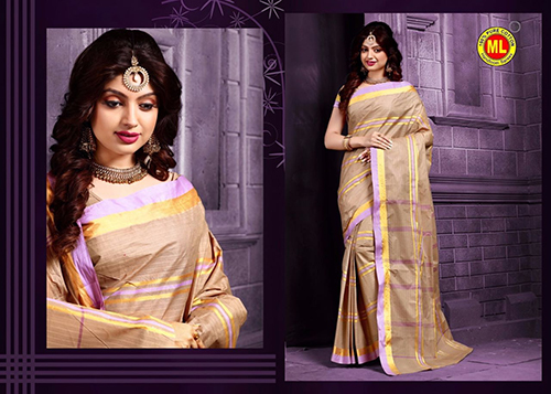 Cotton Silk Saree - Light Brown, Printed Design | Stylish Laces Closure, No Warranty