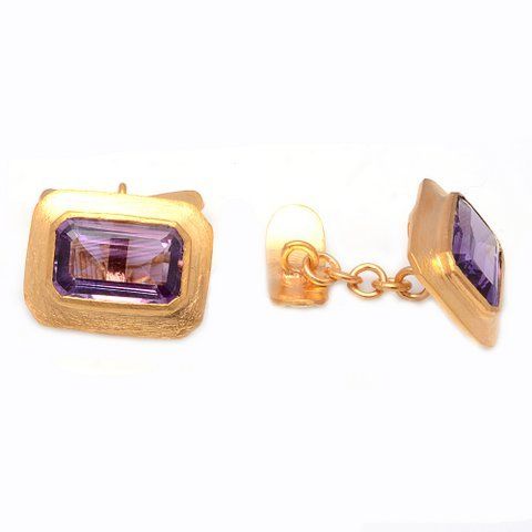 Square Natural Amethyst Gemstone Mens Cufflinks Vermeil Gold  