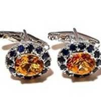 Round Natural Sapphire & Golden Topaz/citrine Gemstone Mens Cufflinks