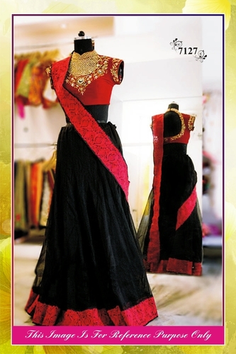 Saree - Georgette Fabric, Free Size, Black Red Color, Embroidered Pattern , Fancy Work with Laces, Dry Cleaning, Washable, All Season, Short Sleeves