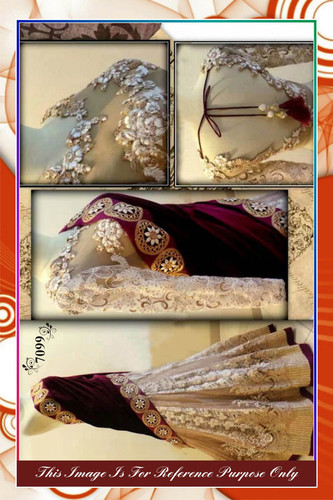 Saree - Net Fabric, Free Size | White and Red Color, Cream and Maroon Embroidery, Full Sleeves, Lace Decoration, All Season, Washable
