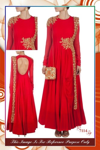 Lehanga - Net and Georgette Fabric, Free Size, Red Color | Fancy Embroidered Design with Full Sleeves, Laces, Washable, Dry Clean, No Fade