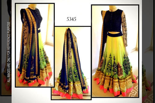Lehanga - Net Fabric, Free Size, Yellow with Black and Green Embroidery | Full Sleeves, Fancy with Lace Decoration, Dry Clean & Washable