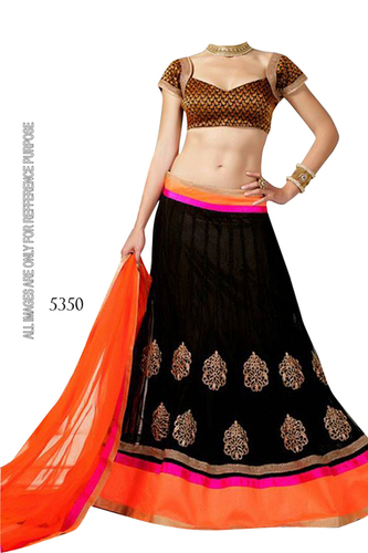 Lehanga - Georgette Fabric, Semi-Stitched, Black and Orange Color | Embroidered Pattern, Short Sleeves, Washable, No Fade, Laces Decoration