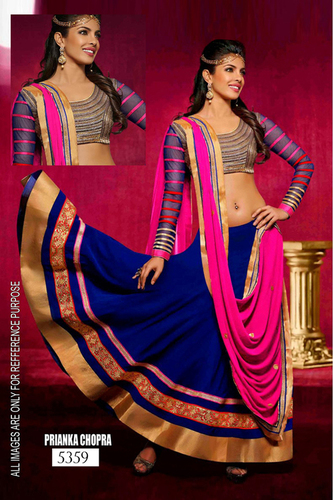 Lehanga - Georgette Semi Stitch, Blue with Embroidery & Fancy Lace Decoration | Full Sleeves, All Season, Washable, Dry Clean, No Fade