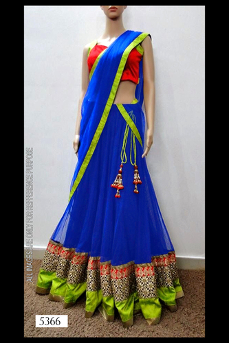 Lehanga - Net Fabric, Semi Stitch, Blue Color with Fancy Laces | No Fade, Washable, All Season, Short Sleeves, Plain Pattern
