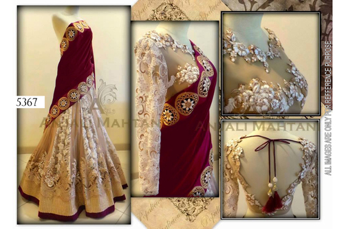 Lehanga - Net Fabric, Semi Stitch, White Color | Fancy Embroidered Design with Golden and Maroon Laces, Full Sleeves, Washable, All Season