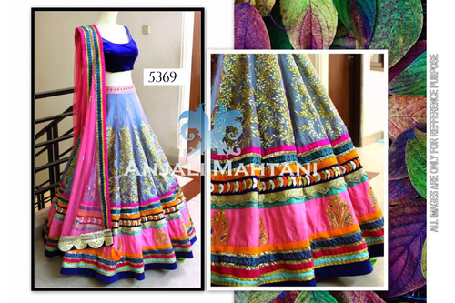 Lehanga - Net Fabric, Semi-Stitched, Blue Color | Fancy Embroidered Design, Sleeveless, Washable, Multi-Color Laces, All Season Use