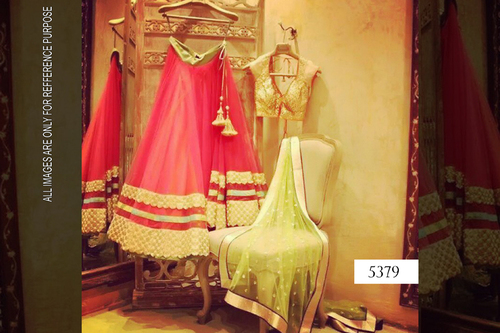 Lehanga - Net Fabric, Semi Stitch, Red Color | Fancy Embroidered Design, Washable, All Season, Short Sleeves, Dry Clean Only