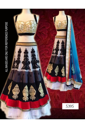 Lehanga - Semi-Stitch, Black White Embroidered Fabric with Fancy Laces | All Season, Sleeveless, Washable, Dry Clean, No Fade