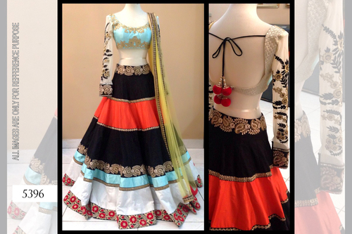 Lehanga - Spandex Semi Stitch Fabric with Fancy Embroidery in White, Black & Orange | Full Sleeves, Washable, Dry Clean, No Fade