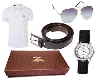 Online Gift - Leather Belt, Cotton Shirt, Metal Sunglass, Metal Watch, 12x8x3 Inch Cardboard Box | Easy Ordering, Multiple Options, Secure Payment