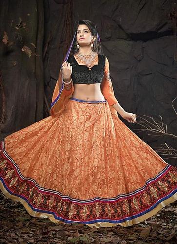 Lehenga Choli - Net Fabric, Floor Length, Orange | Lace, Resham & Stones Embroidery, Elegant A-line Style