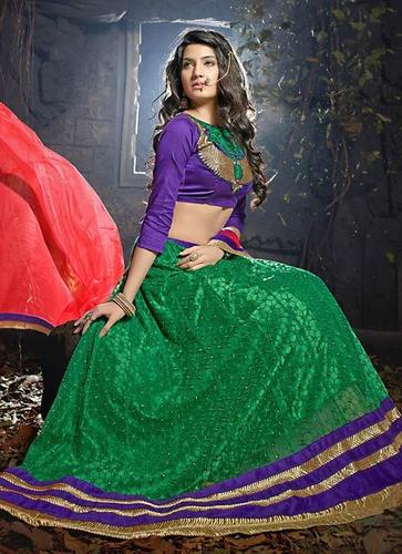 Lehenga Choli - Green Net Fabric, Lace Resham Stones Embroidery | Elegant Design, Patch Work, Traditional Party Wear