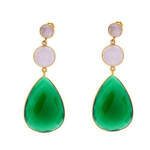 Pear Milky White & Green Topaz Gemstone Dangle Earrings 