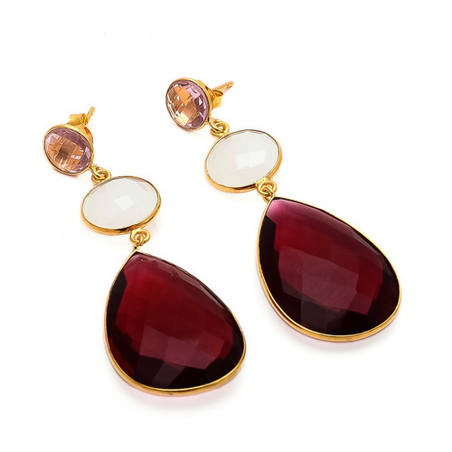 Pear Ruby Hydro, Milky Chalcedony & Pink Quartz Gemstone Earrings