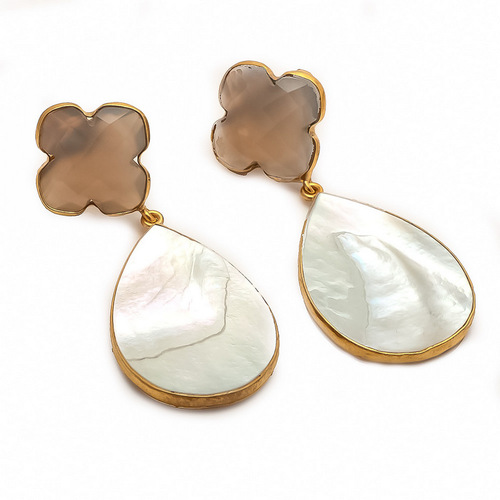 Pear Shell & Gray Chalcedony Gemstone Earrings 