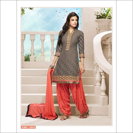 Wonderful Brown Orange Cotton Patiala Salwar Kameez 2653 - Cotton, Customized Upto XXL, Gray | Thread Embroidery, Comfortable Fit, Elegant Look