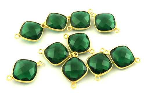Dyed Emerald Gemstone Connectors - 925 Sterling Silver Vermeil, Cushion Shape, Faceted Quartz, 10-15 Grams Weight, Gold Over Silver Finish