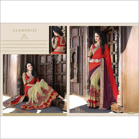 Fancy Orange and beige Net saree 2102