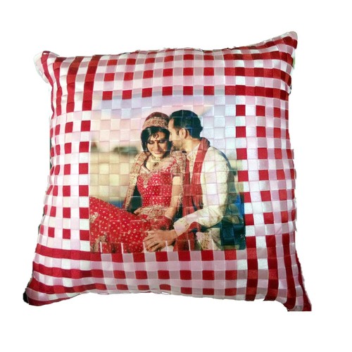 Pink And Red Check Cushion - Polyester, 16x16 Inches | Soft Fabric, Customizable Print, Vibrant Colors, Zipper Closure