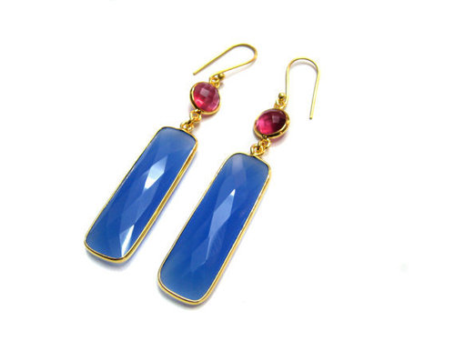 Round Blue Chalcedony & Ruby Gemstone Earring