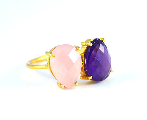 Round Pink Chalcedony & Amethyst Gemstone Ring