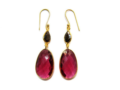 Oval Pink Tourmaline / Smoky Topaz Gemstone Earring