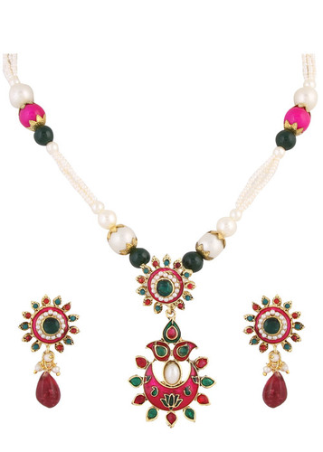 Pink Green Pearl Pendant Earrings Set 393