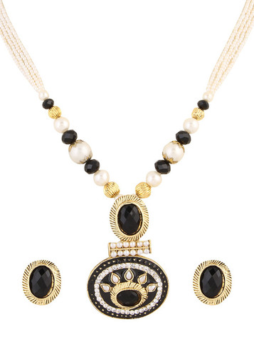 Black Pearl Pendant Earrings Set 387 - Pearl & Metal, 1.5x1 Inch Pendant, Black, Push-Back Closure | Elegant Design, Gold Accents, Stylish Accessory