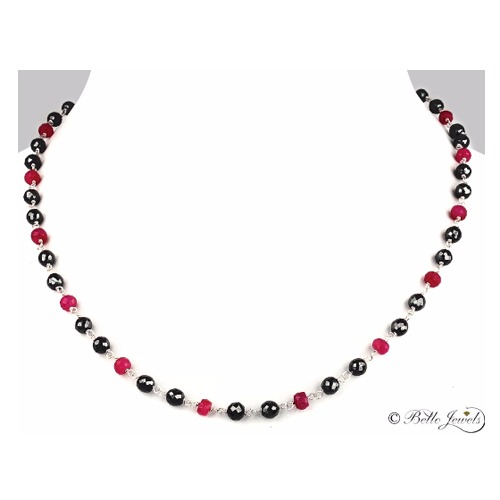 Ruby with Black Diamond Beads Necklace in Silver