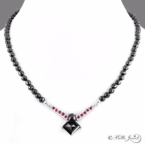 Black Diamond with Ruby Fancy Shape Beads Necklace with Designer Pendant