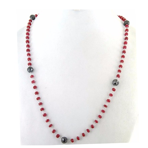 Madagascar mines Ruby Gemstone with Black Diamond Beads Necklace