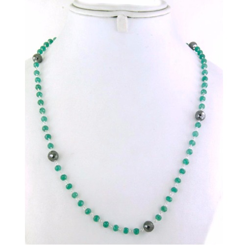 Emerald and Black Diamond Faceted Beads Necklace in Silver