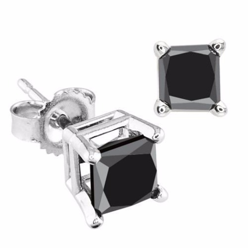 Princess Cut Black Diamond Solitaire Studs in 925 silver