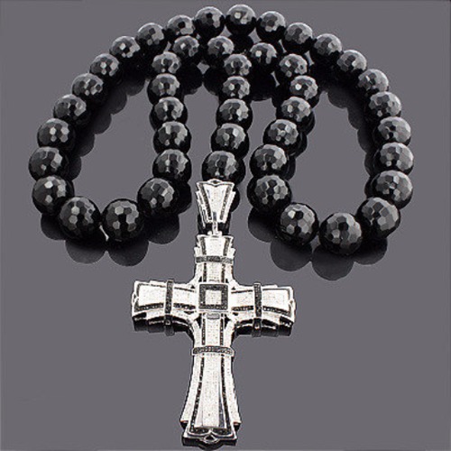 Black Diamond Necklace with Diamonds in a Silver Cross