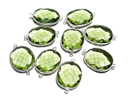 Green Amethyst Gemstone Connector - 925 Sterling Silver, 10-20 Weight, Faceted Oval Shape | AAAGemstone Quality, Quartz Stone Type, Elegant Connector Beads