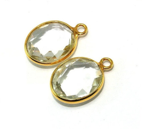 Green Amethyst Gemstone Connector - 925 Sterling Silver with 2 Micron Vermeil, AA Quality Faceted Oval Shape Bead