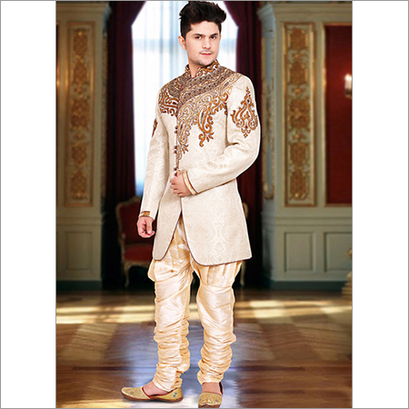 Indo Western - Cream Brocade, 42 Inch Slim Fit | Moti, Patch Work, Resham, Stones Party Wear